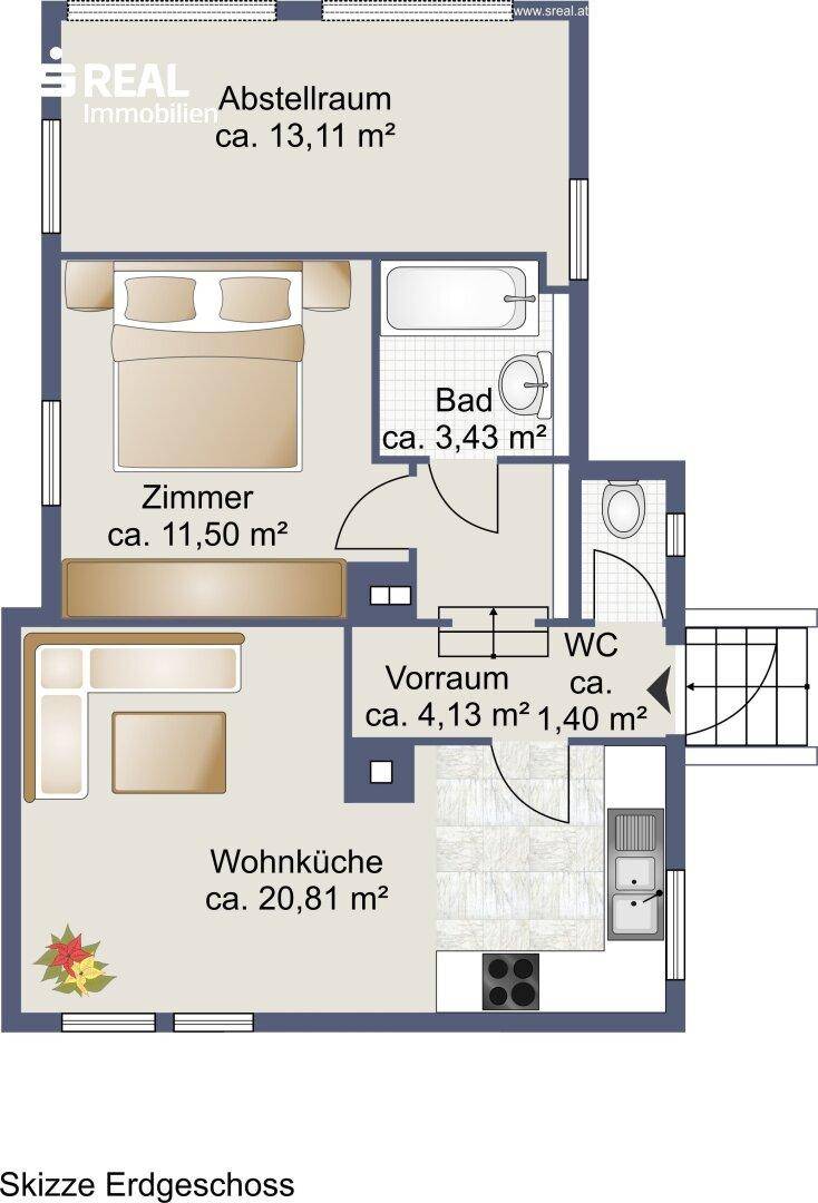 Grundriss des Erdgeschosses mit Wohnküche, Schlafzimmer, Bad und Abstellraum.