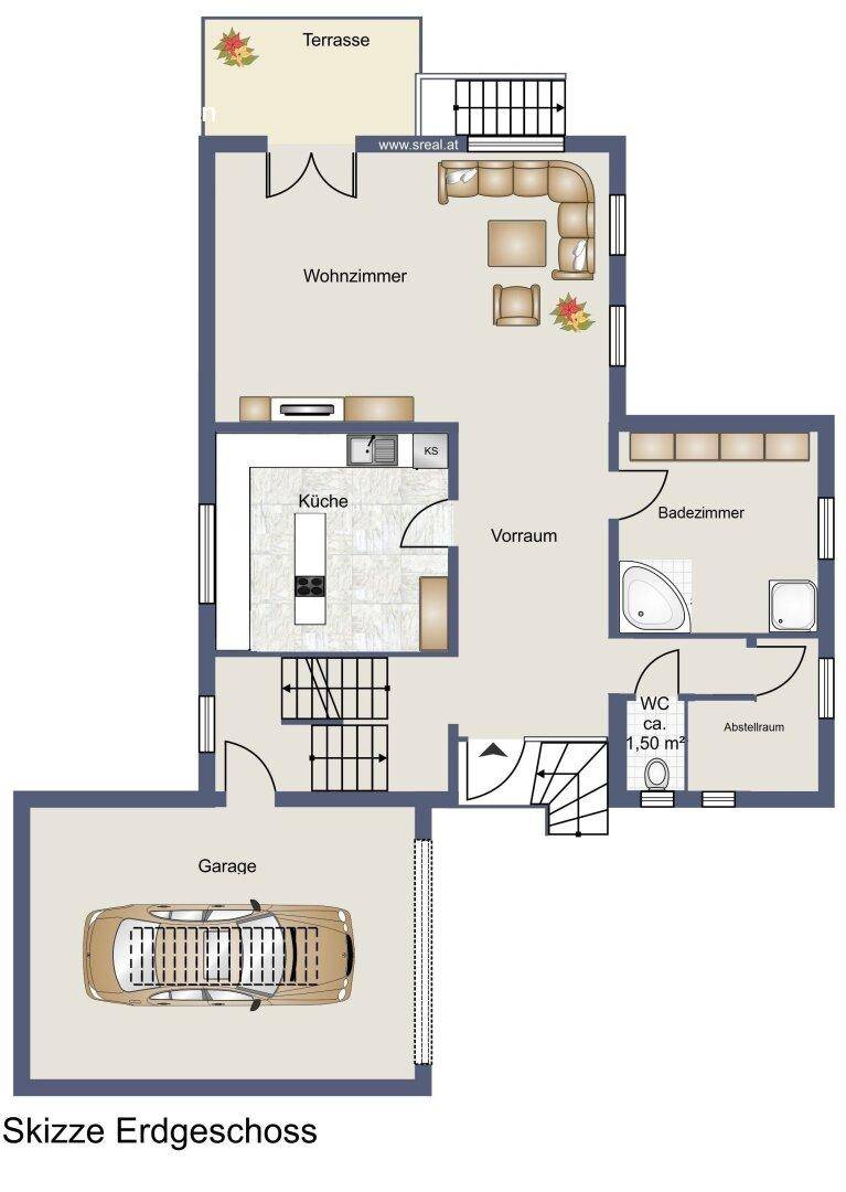 Grundriss des Erdgeschosses mit Wohnzimmer, Küche, Bad, WC, Garage und Terrasse.