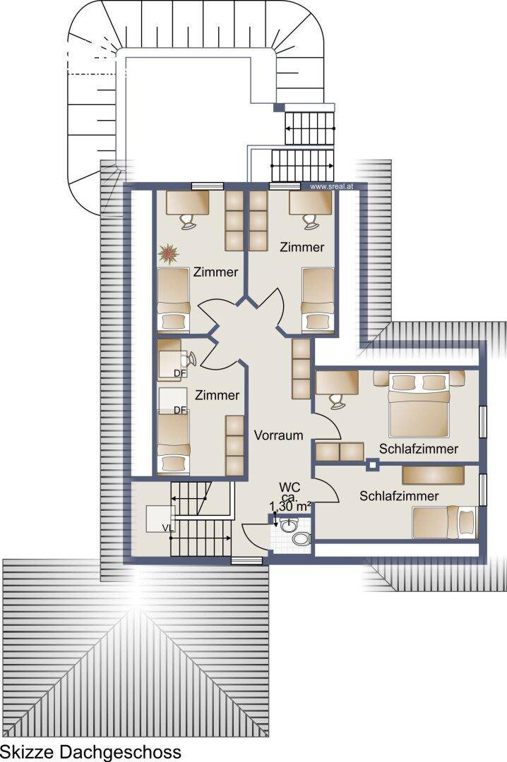 Grundriss des Dachgeschosses mit mehreren Zimmern, Schlafzimmern und WC.