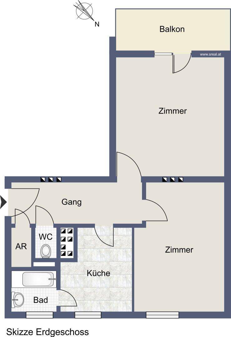 Grundriss des Erdgeschosses mit separater Küche, Bad, WC und Balkonzugang.