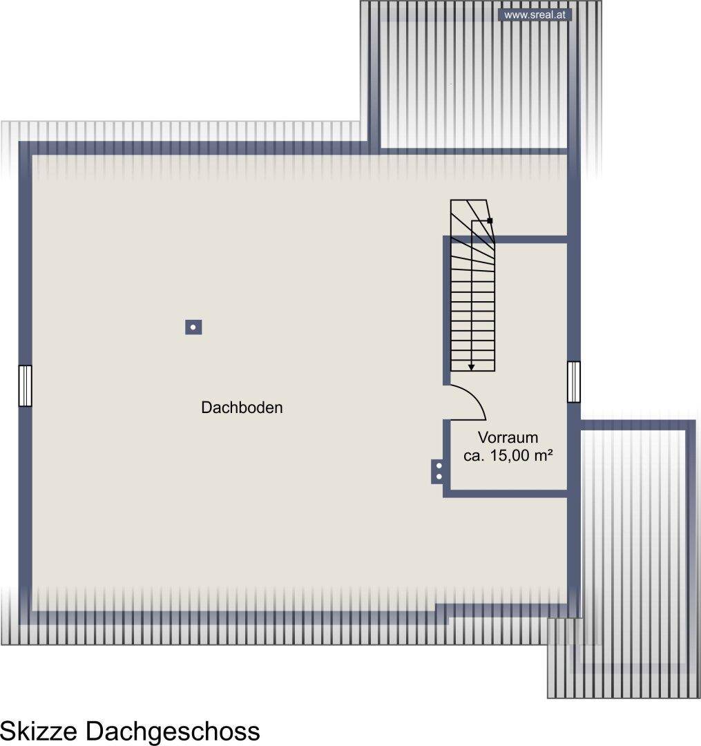 Grundriss des Dachgeschosses mit Dachboden und Vorraum.