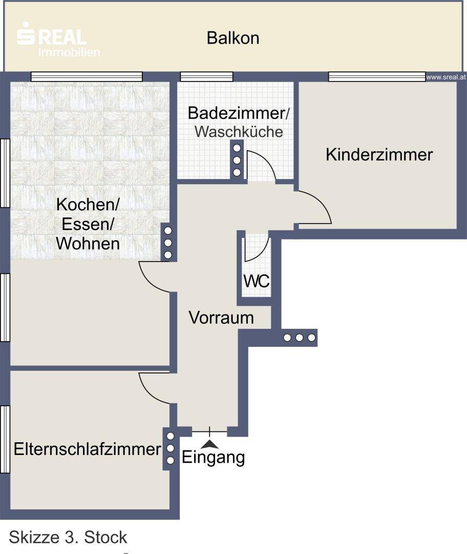 Grundriss des 3. Stocks mit offenem Wohnbereich, zwei Schlafzimmern und Balkon.