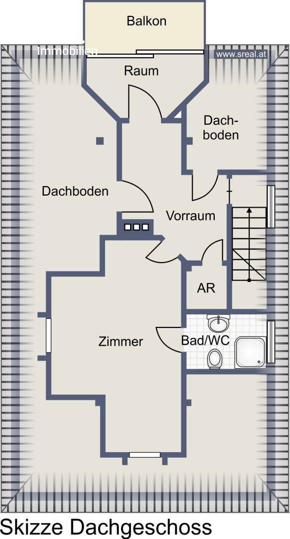 Grundriss des Dachgeschosses mit Zimmern, Bad/WC, Dachboden und Balkon.