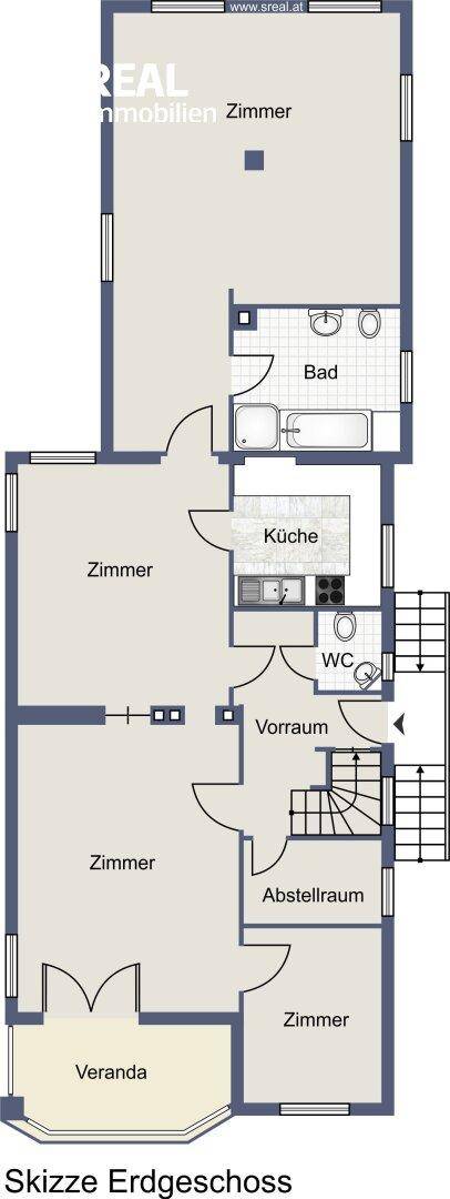 Grundriss des Erdgeschosses mit Zimmern, Küche, Bad und Veranda.