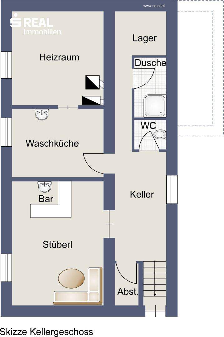 Grundriss des Kellergeschosses mit Stüberl, Waschküche, Heizraum und Lager.