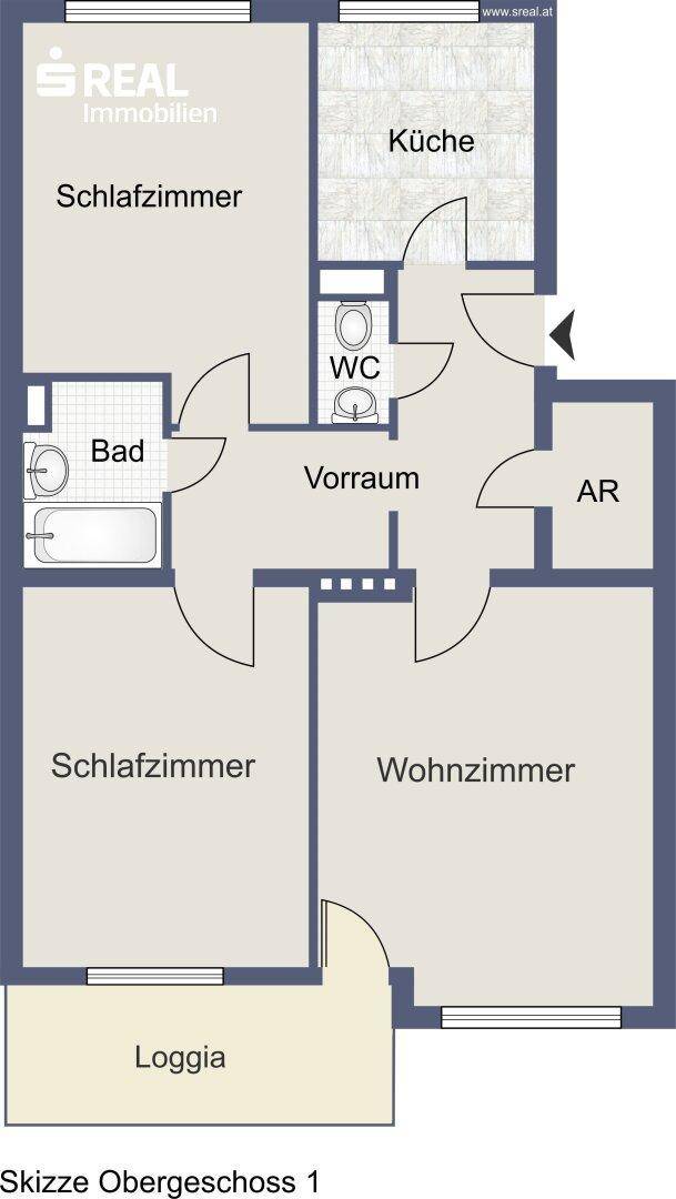 Grundriss der Wohnung mit zwei Schlafzimmern, Wohnzimmer, Küche und Loggia.