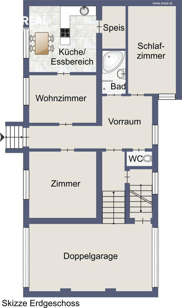 Grundriss des Erdgeschosses mit Küche, Wohnzimmer, Schlafzimmer und Doppelgarage.