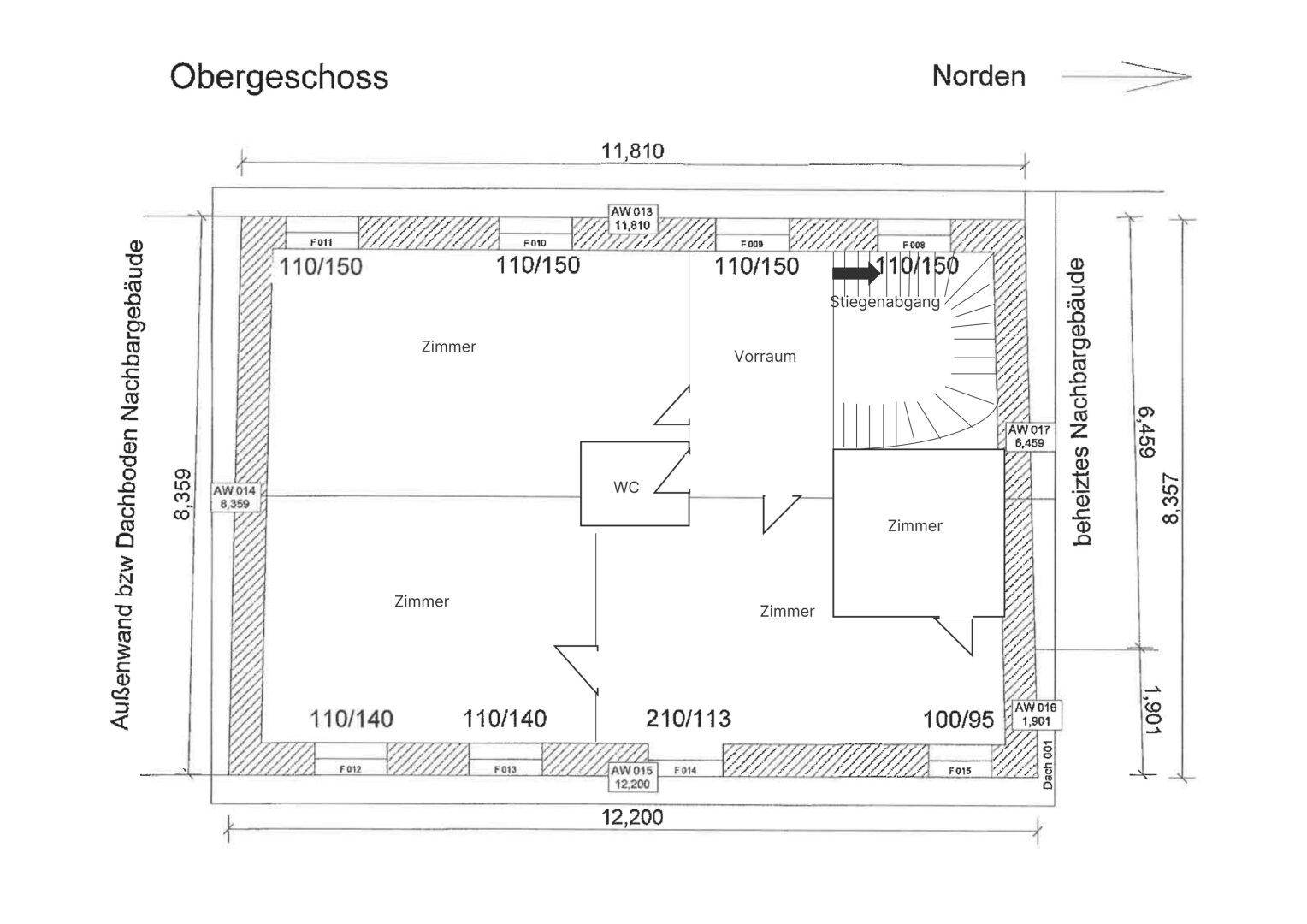 Grundriss des Obergeschosses mit mehreren Schlafzimmern, WC und einem Vorraum.
