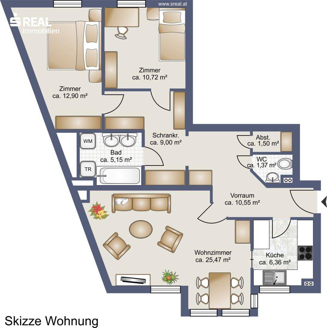 Detaillierter Grundriss einer Wohnung mit drei Zimmern, Bad und separatem WC.
