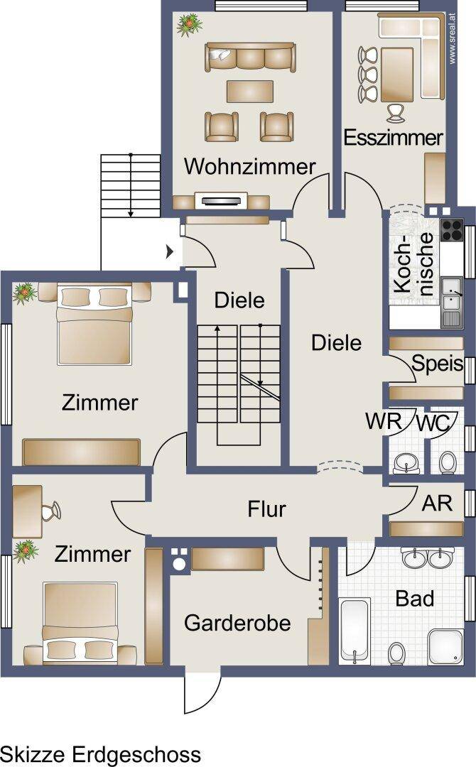 Grundriss des Erdgeschosses mit Wohnzimmer, Esszimmer, Kochnische und Bad, bietet eine klare Raumaufteilung.