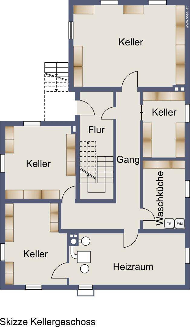 Grundriss des Kellergeschosses mit mehreren Kellerräumen, Waschküche und Heizraum, bietet viel Stauraum.