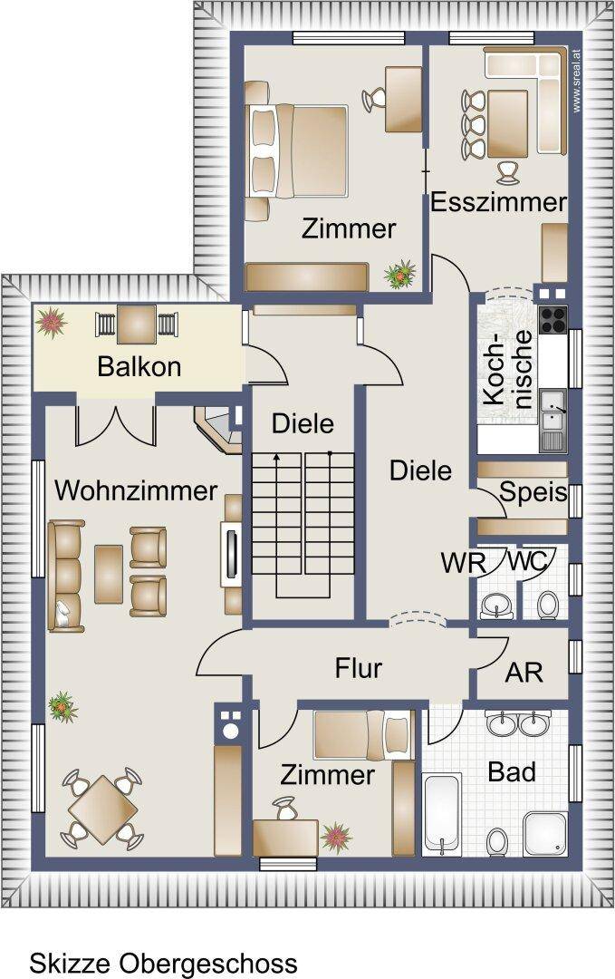Grundriss des Obergeschosses mit Wohnzimmer, Esszimmer, Kochnische, Bad und Balkon, bietet vielseitige Nutzung.