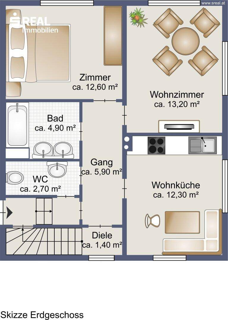 Grundriss des Erdgeschosses mit Wohnküche, Wohnzimmer, Bad und einem weiteren Zimmer.