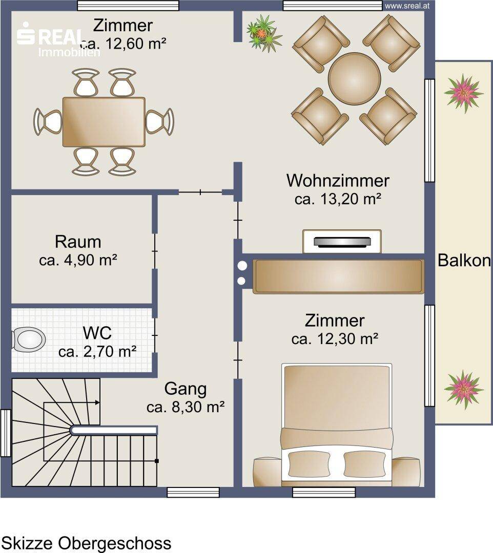 Grundriss des Obergeschosses mit Balkon, Wohnzimmer und mehreren Zimmern.