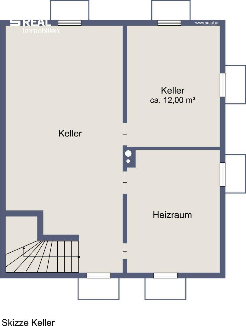 Grundriss des Kellers mit Heizraum und zwei Kellerabteilen.