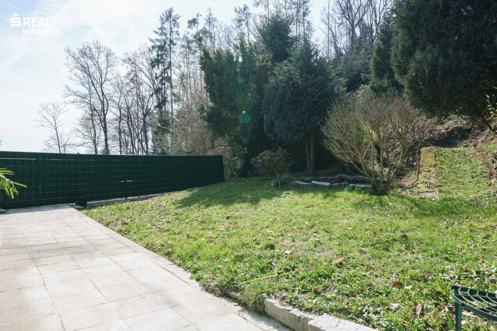 Grüner Gartenbereich mit Rasenfläche und Bäumen, umgeben von einem Zaun.