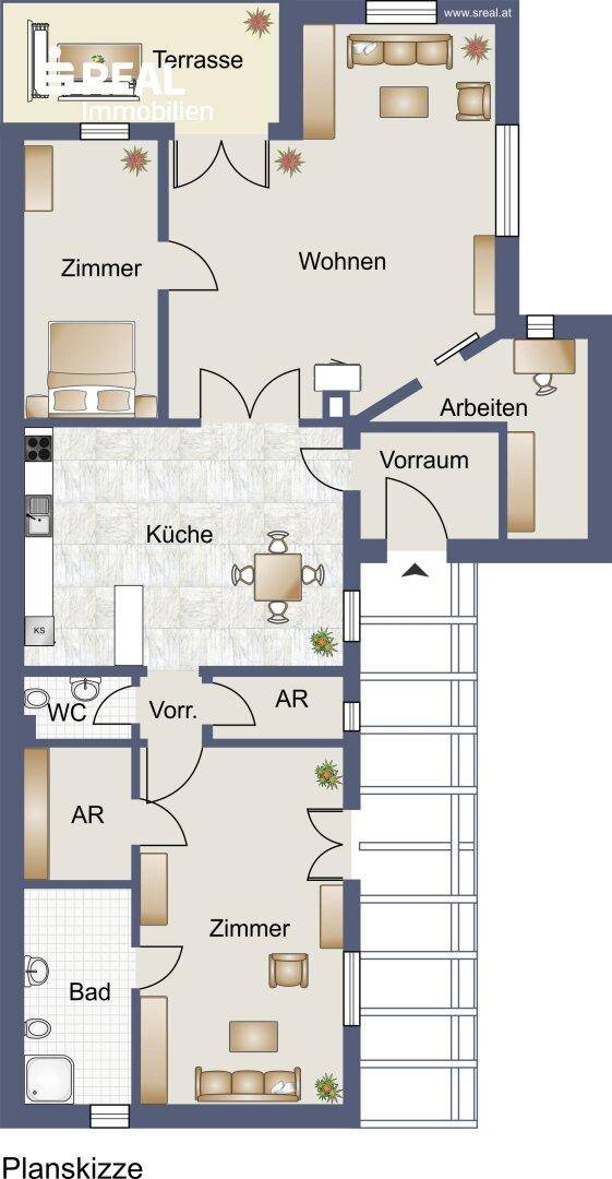Detaillierter Grundriss der Immobilie mit Zimmern, Küche, Bad und Terrasse.