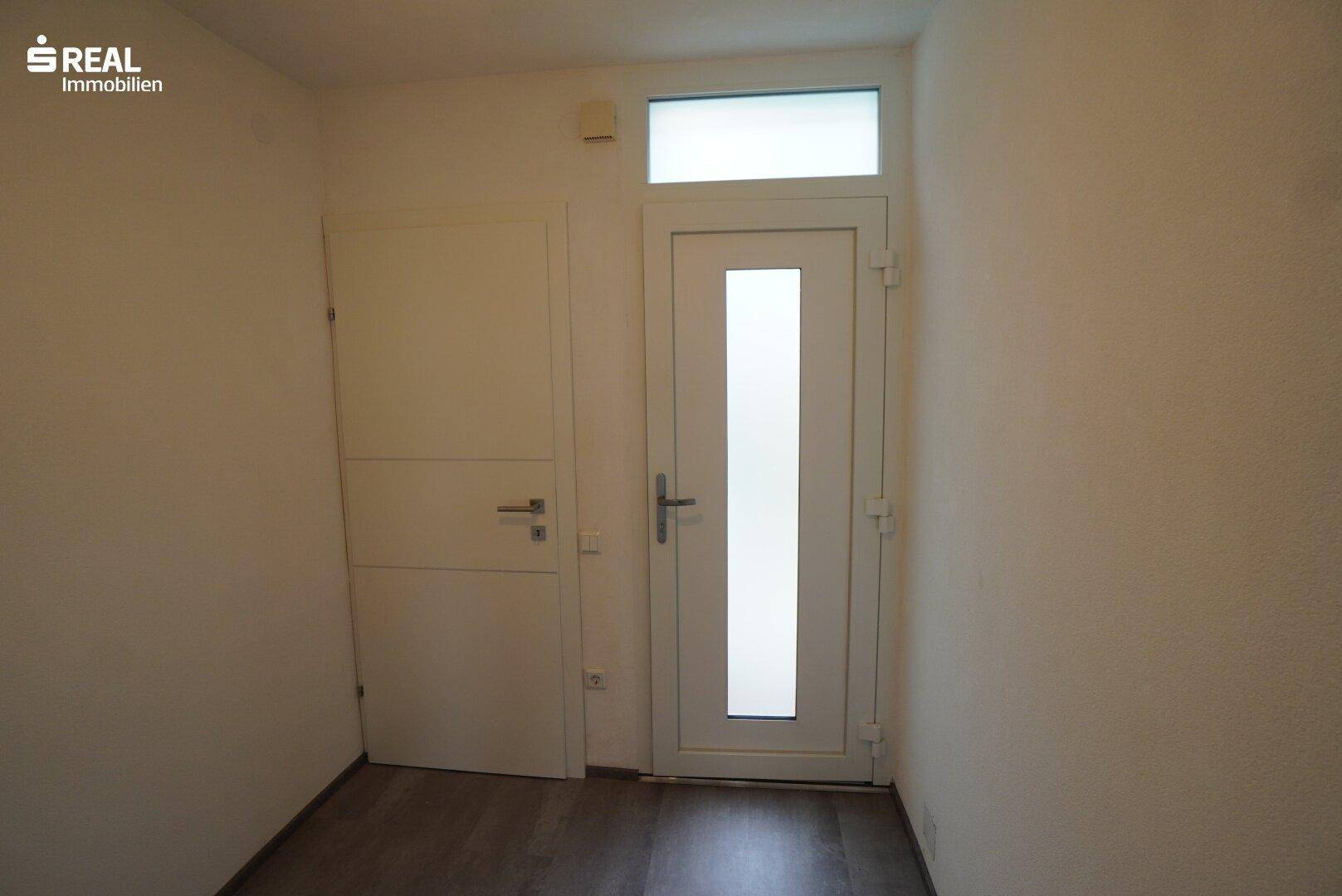 Heller Eingangsbereich mit moderner Haustür und dunklem Laminatboden.