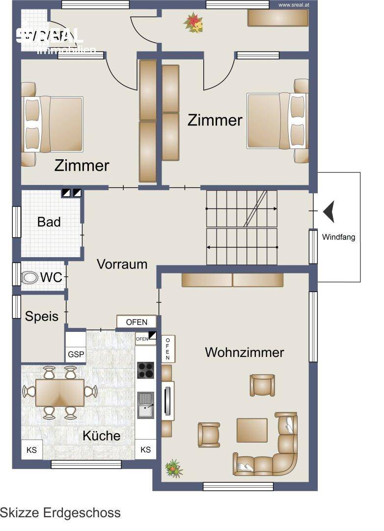 Grundriss des Erdgeschosses mit Wohnzimmer, Küche, zwei Zimmern und Bad.