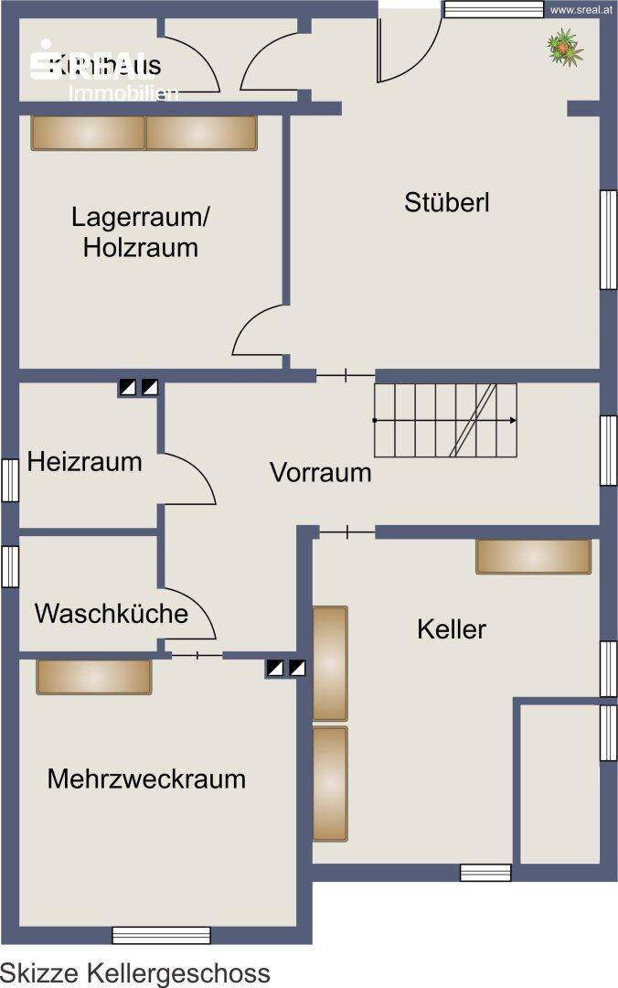 Grundriss des Kellergeschosses mit Lagerräumen, Heizraum, Waschküche und Stüberl.