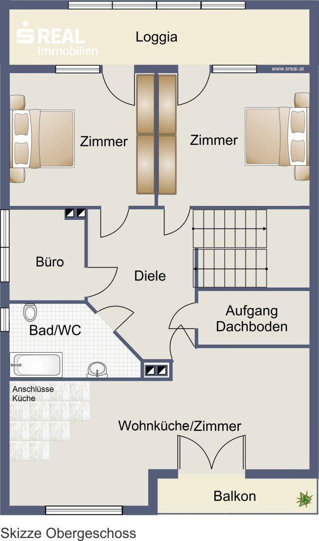 Grundriss des Obergeschosses mit Wohnküche, Büro, zwei Zimmern, Bad und Loggia.