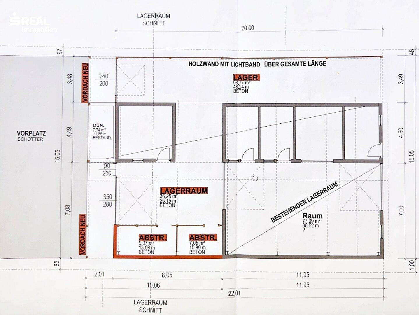 Detaillierter Schnittplan eines Lagerraums mit Maßen und Betonflächen.
