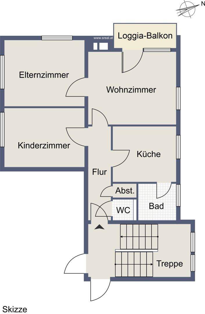 Grundriss der Wohnung mit Loggia-Balkon, Wohnzimmer, Küche und zwei Schlafzimmern.