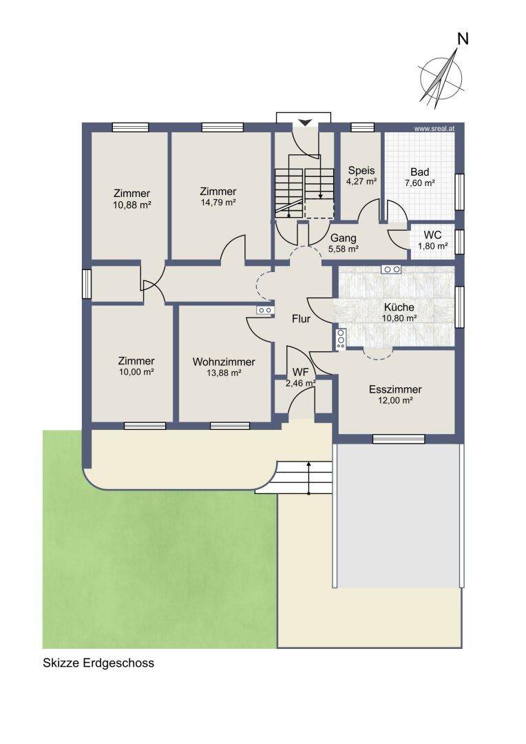 Grundriss des Erdgeschosses mit Wohnzimmer, Küche, Esszimmer und Zugang zu Garten und Terrasse.