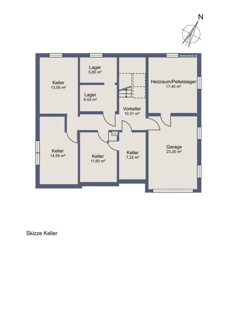 Grundriss des Kellers mit mehreren Kellerräumen, Lagerflächen, Heizraum und einer Garage.