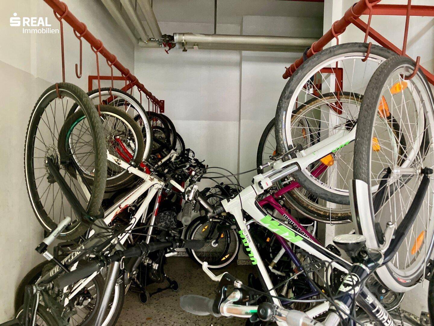 Fahrradraum im Keller mit praktischen Wandhalterungen für mehrere Fahrräder.