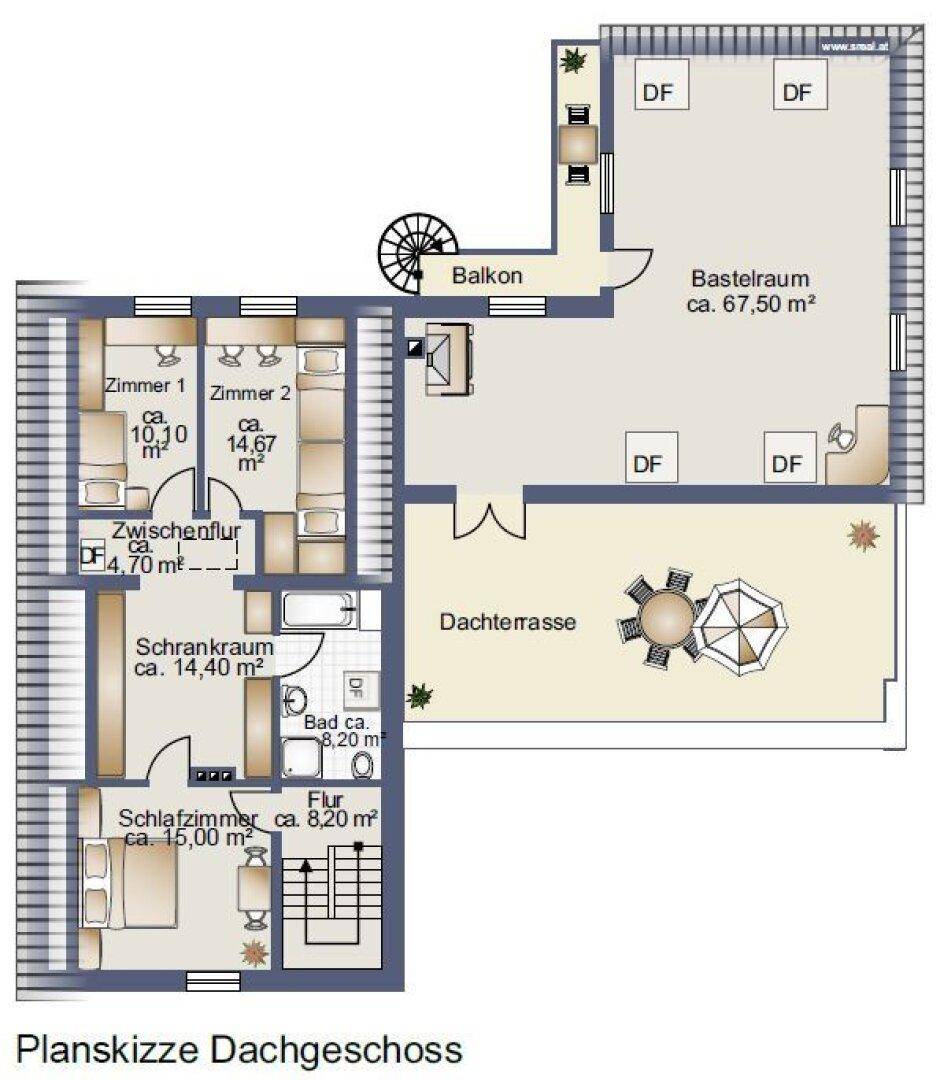 Grundriss des Dachgeschosses mit Schlafzimmern, Bad, Abstellraum, Balkon und Dachterrasse.
