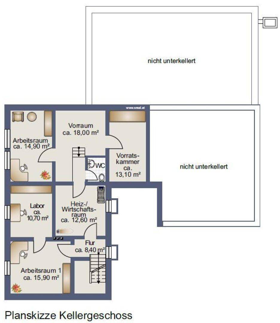 Grundriss des Kellergeschosses mit Arbeitsräumen, Heizraum, WC und Vorratskammer.