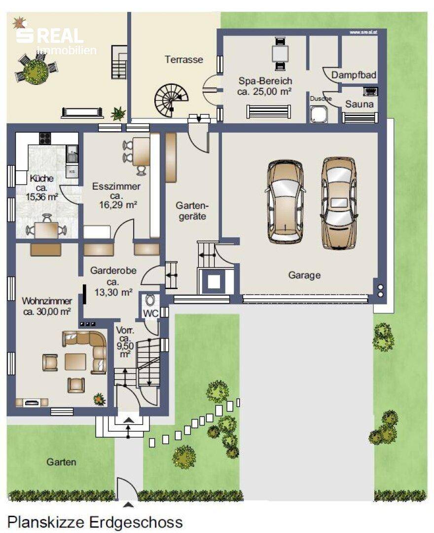 Grundriss des Erdgeschosses mit Wohnzimmer, Esszimmer, Küche, Garage und Spa-Bereich.