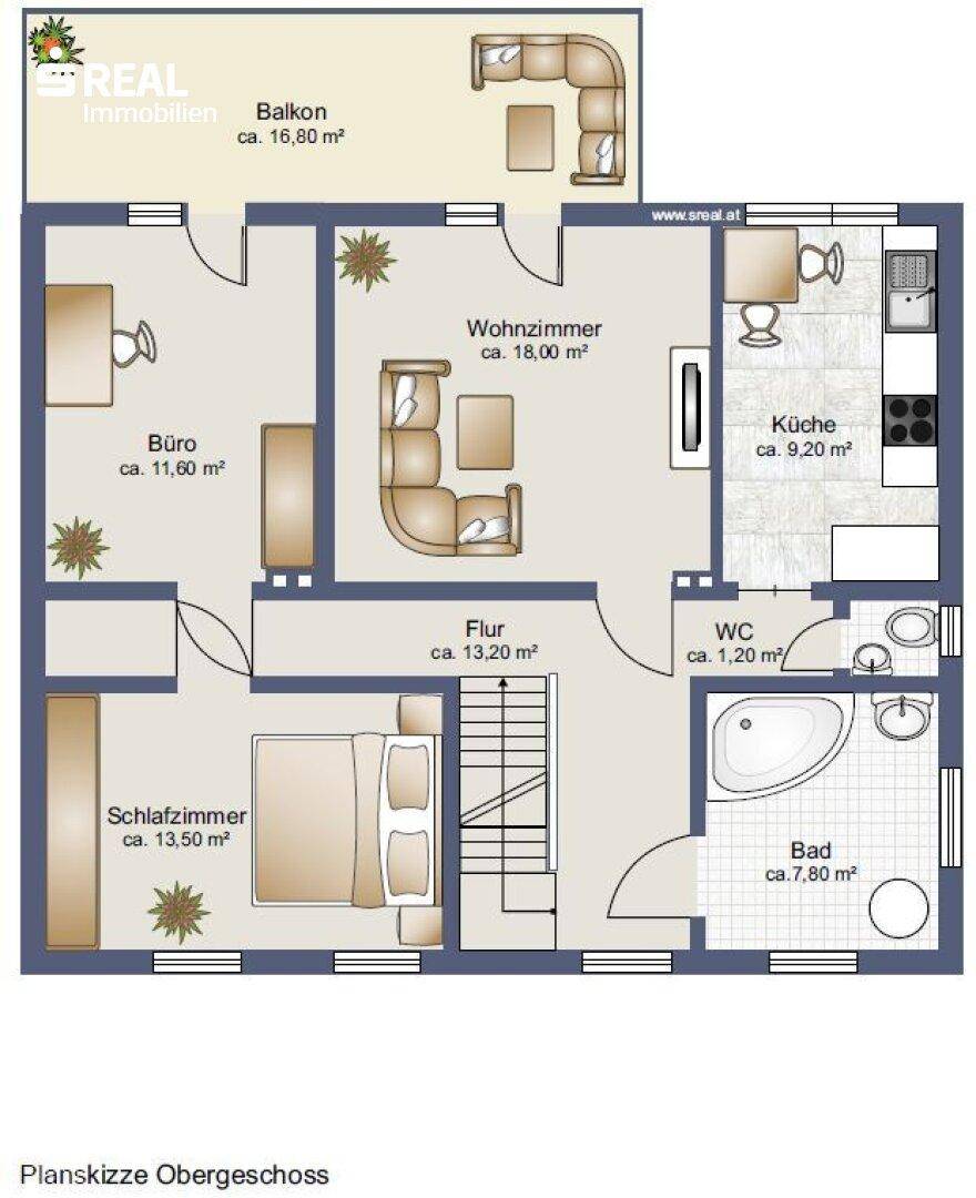Grundriss des Obergeschosses mit Balkon, Schlafzimmer und Büro.