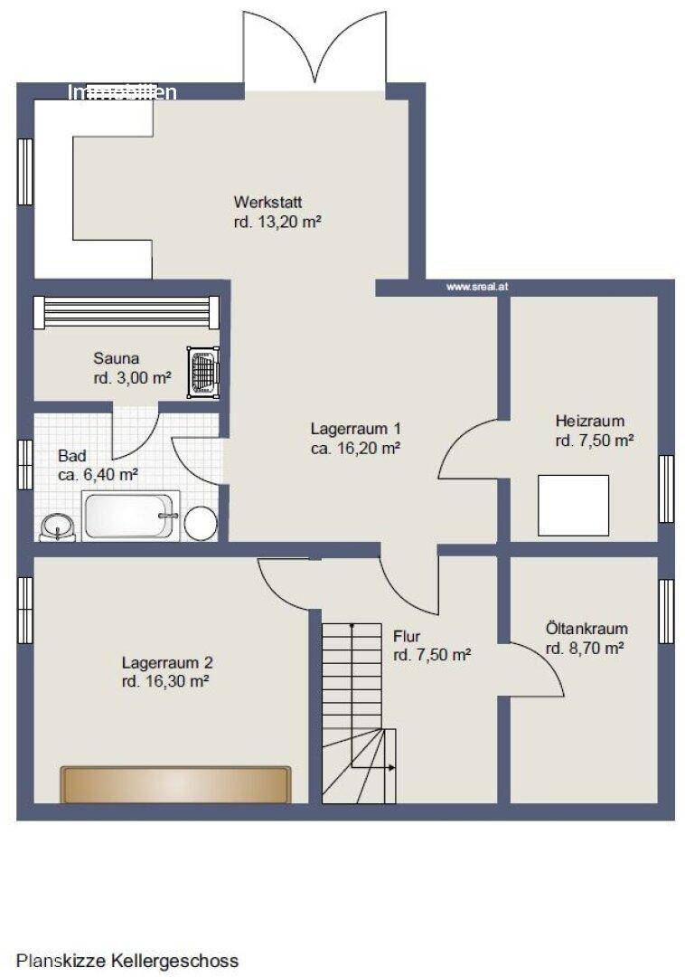Grundriss des Kellergeschosses mit Sauna, Werkstatt und Lagerräumen.