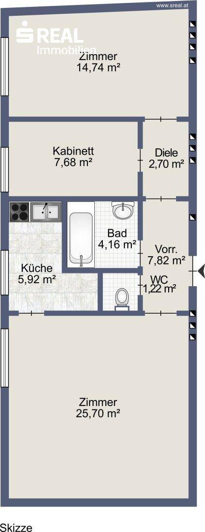 Detaillierter Grundriss der Wohnung mit Raumaufteilung und Flächenangaben.