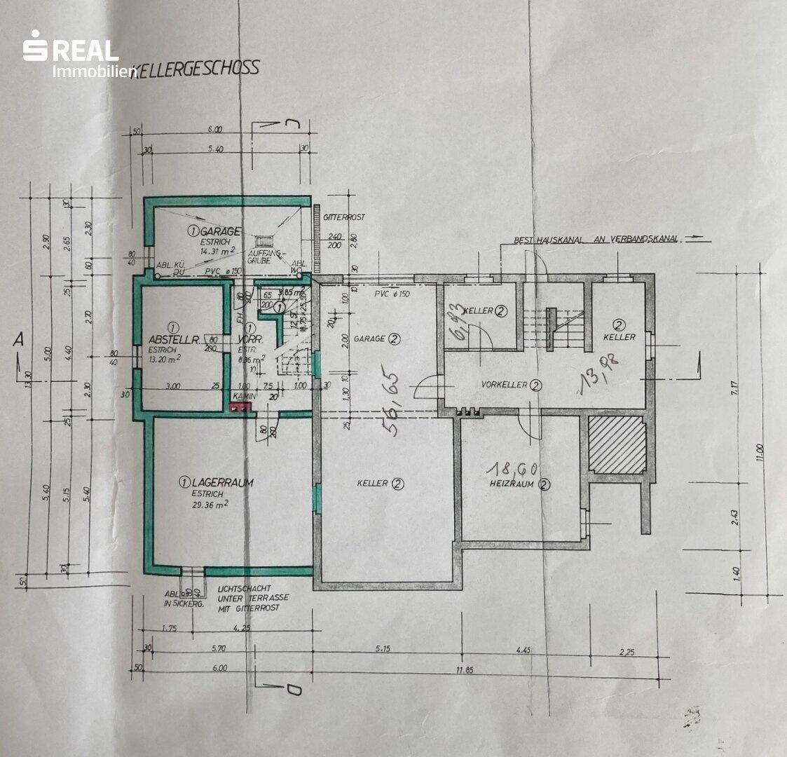 Grundriss des Kellergeschosses mit Garage, Lagerraum und Heizraum.