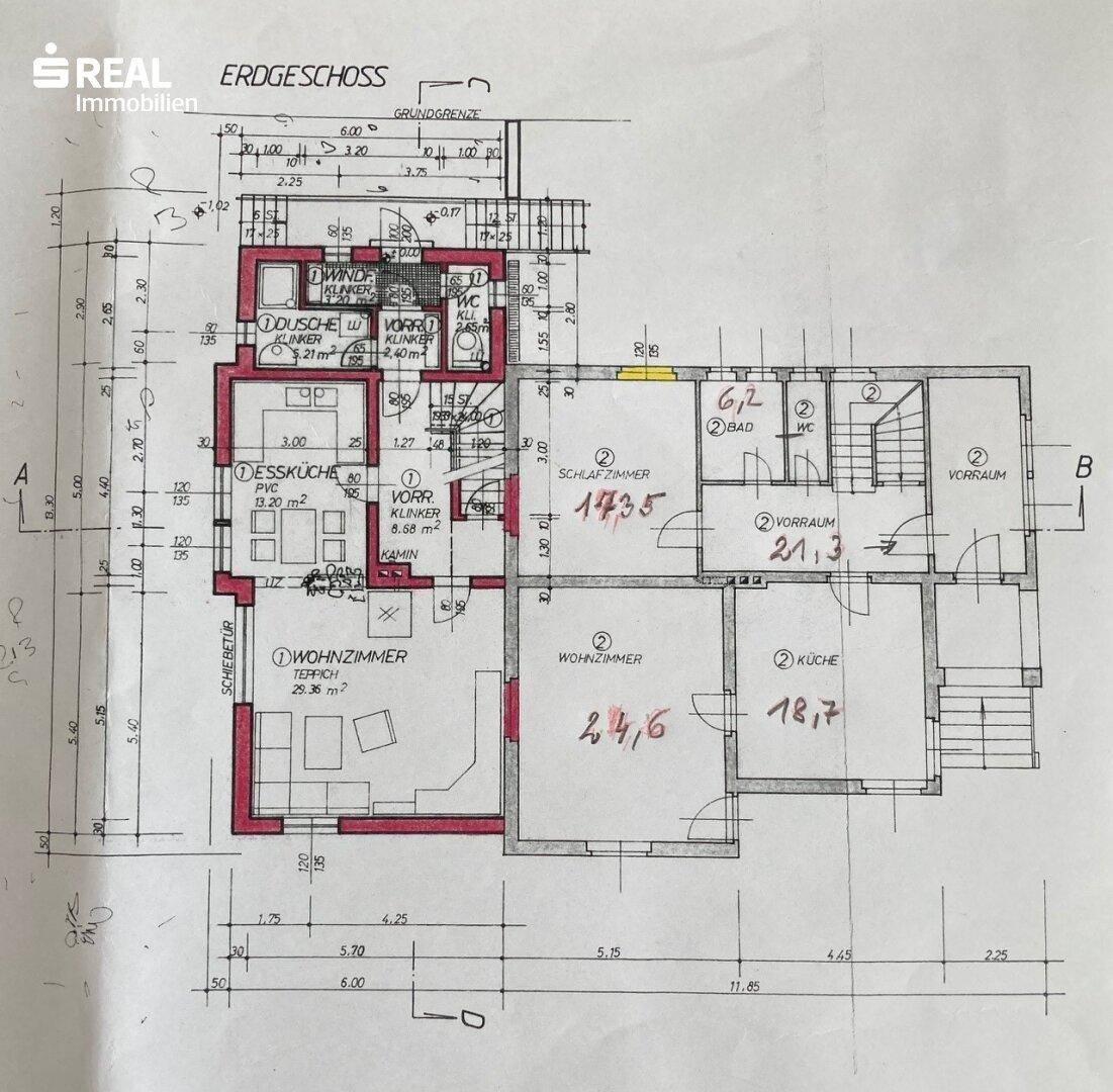 Grundriss des Erdgeschosses mit Wohnzimmer, Essküche und Schlafzimmer.
