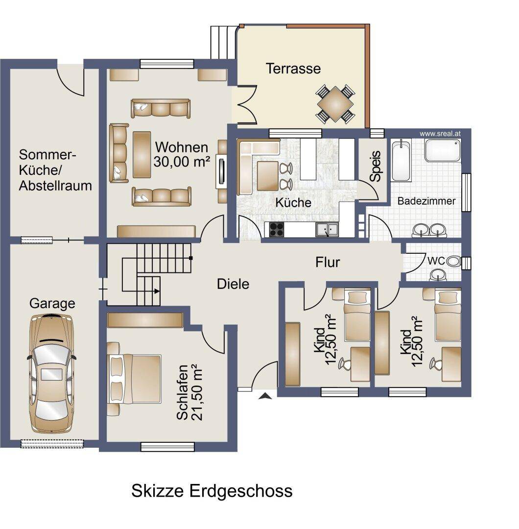 Grundriss des Erdgeschosses mit Wohnzimmer, Küche, Schlafzimmern und Terrasse.