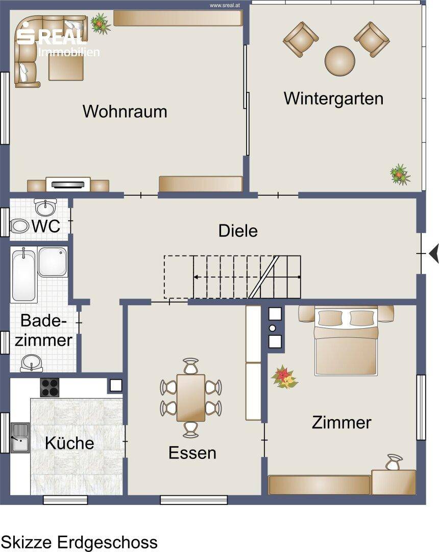 Grundriss des Erdgeschosses mit Wohnraum, Wintergarten, Küche, Esszimmer und Bad.
