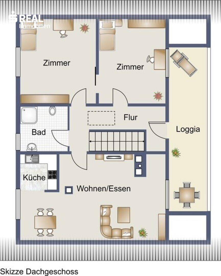 Grundriss des Dachgeschosses mit zwei Zimmern, Bad, Flur und Loggia.