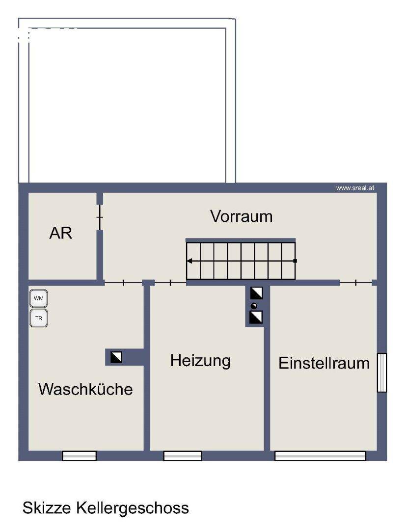 Grundriss des Kellergeschosses mit Vorraum, Waschküche, Heizung und Einstellraum.