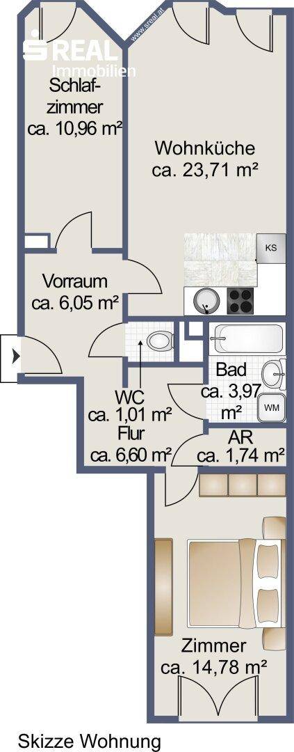Grundriss einer Wohnung mit Wohnküche, Schlafzimmer und Bad.