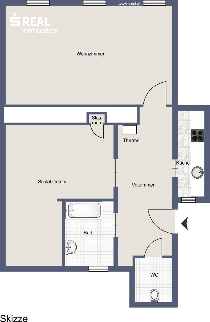 Grundriss der Wohnung mit Wohnzimmer, Schlafzimmer, Küche, Bad und separatem WC.