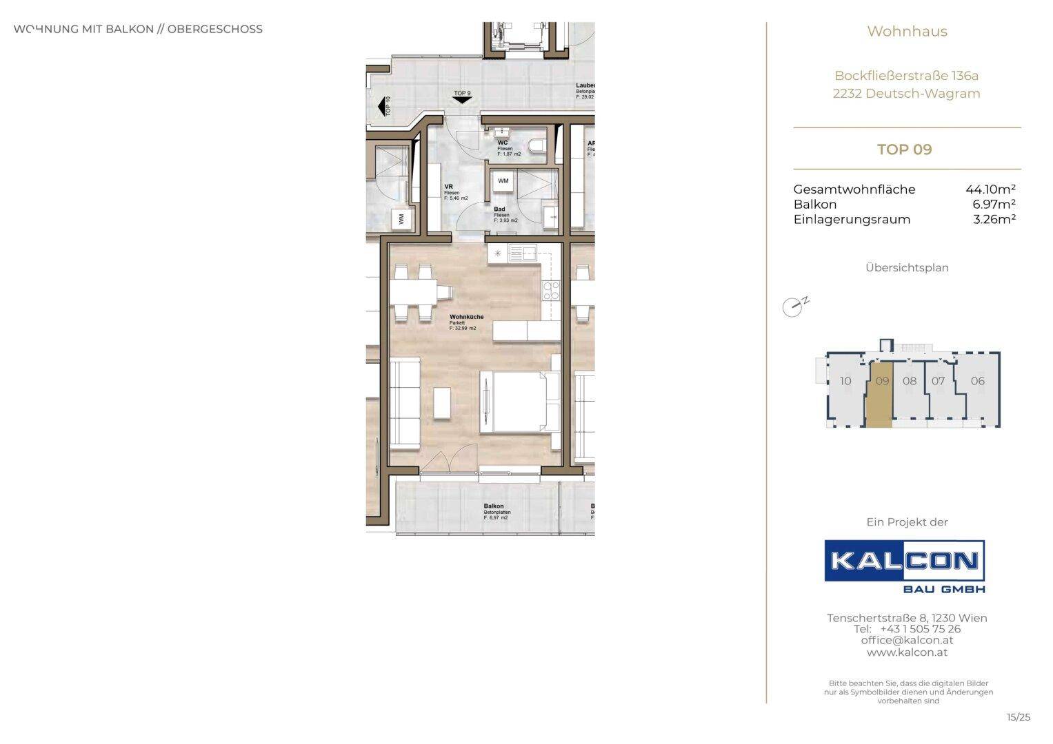 Grundriss einer Wohnung im Obergeschoss mit offenem Wohn-Essbereich, Schlafzimmer, Bad, separatem WC und Balkon.