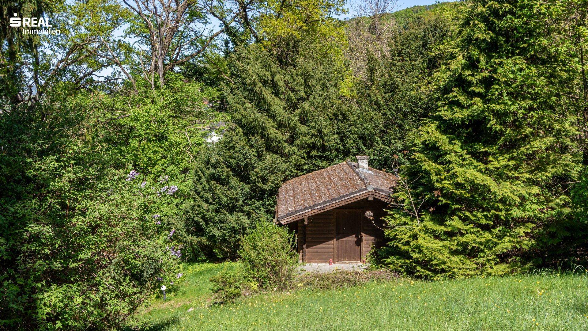 Kleines Holzhaus im Grünen, umgeben von Bäumen und Wiesen.