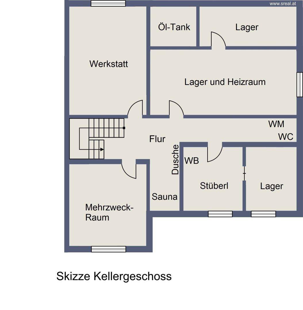 Grundriss des Kellergeschosses mit Sauna, Werkstatt, Lager- und Heizräumen sowie einem Mehrzweckraum.