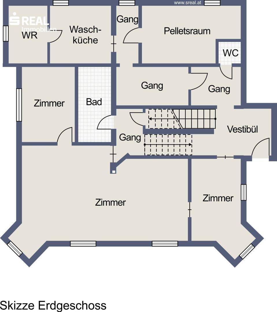 Grundriss des Erdgeschosses mit Zimmern, Bad, WC und Waschküche.