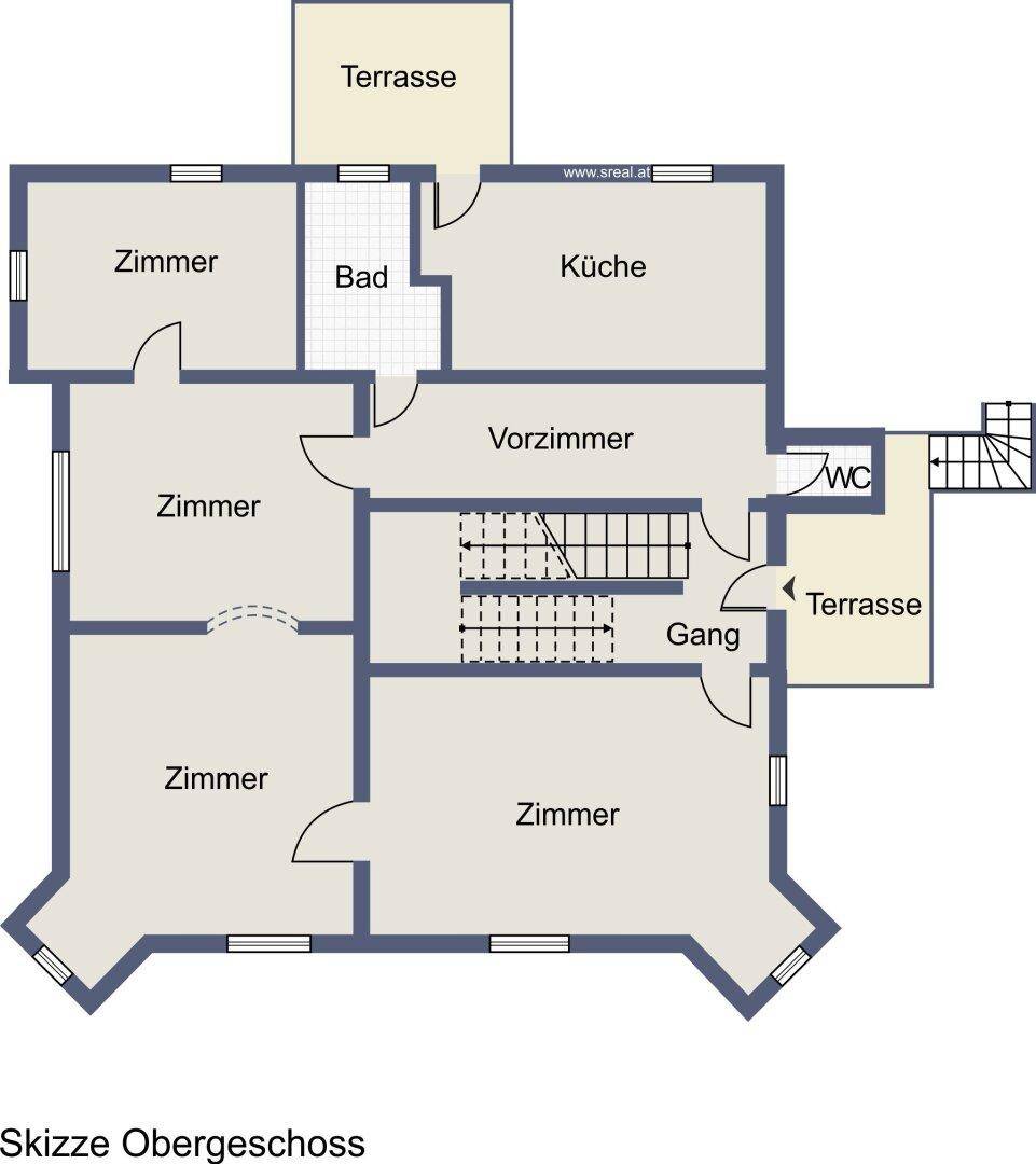 Grundriss des Obergeschosses mit Zimmern, Küche, Bad, WC und Terrasse.
