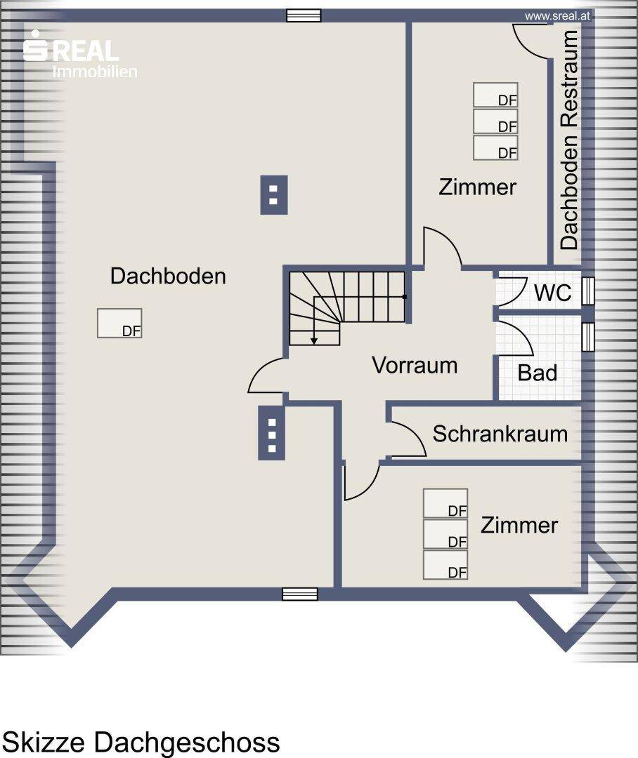 Grundriss des Dachgeschosses mit Zimmern, Bad, WC und Schrankraum.